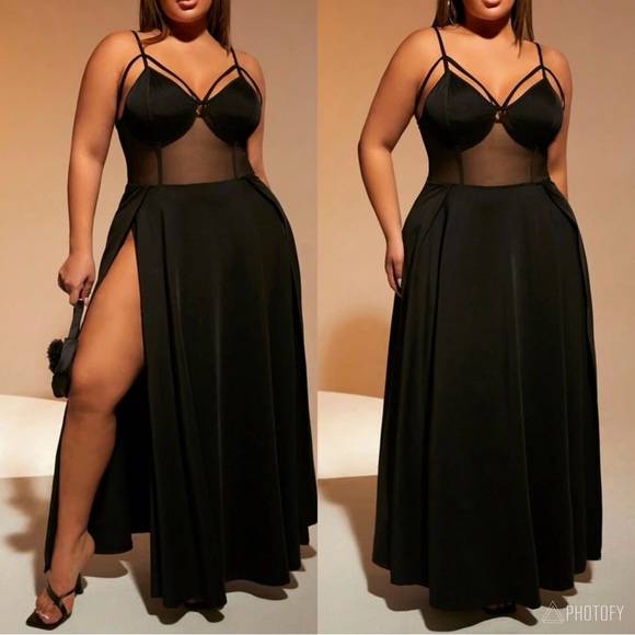 Plus Size Sheer Mesh Lace High Slit Maxi Dress Black - Picture 1 of 5